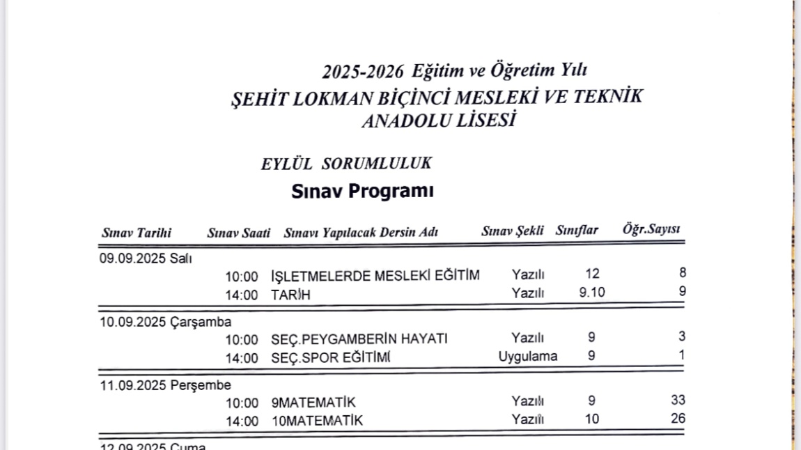 2025-2026 EĞİTİM ÖĞRETİM DÖNEMİ EYLÜL AYI SORUMLULUK SINAVLARI